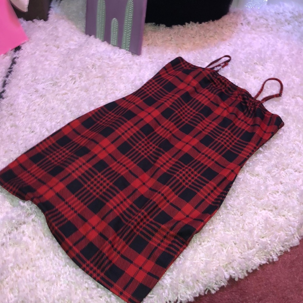 Slim fitting red and black plaid dress